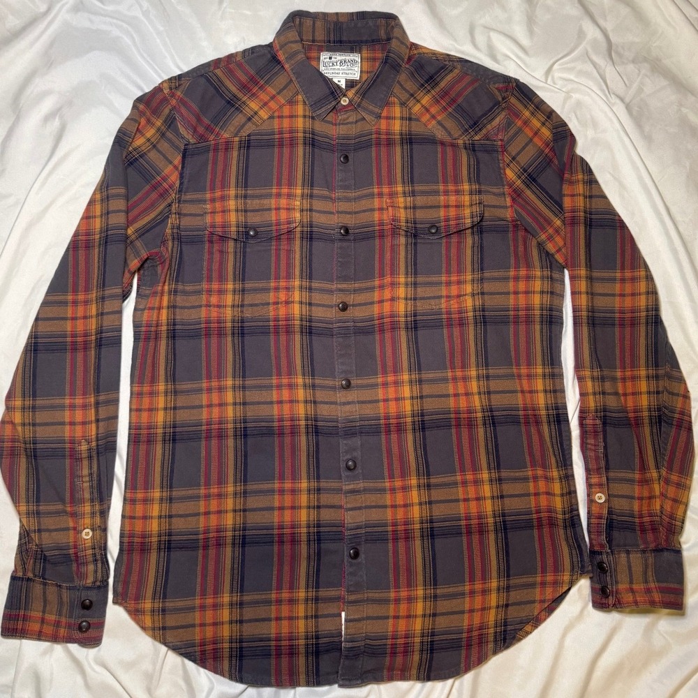 Lucky Brand Saturday Stretch Plaid Western Shirt Mens Medium Orange Grey Flannel
